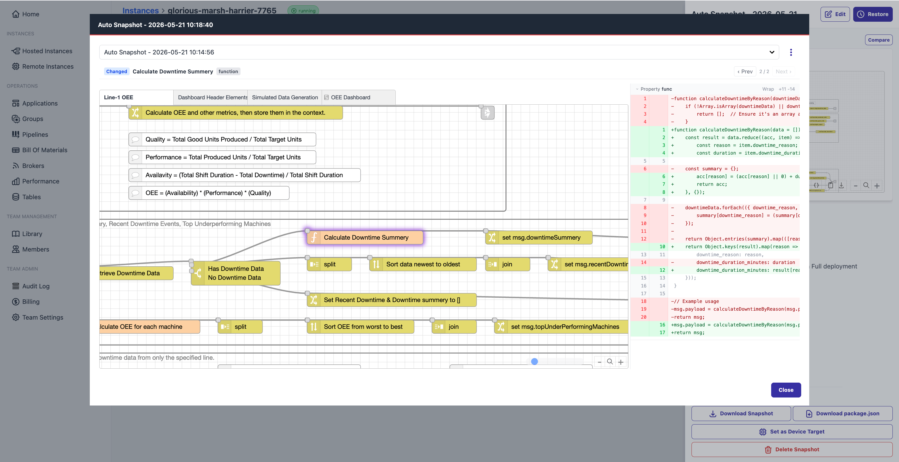 FlowFuse snapshot diff showing a function node with line-by-line code changes highlighted between two deployments