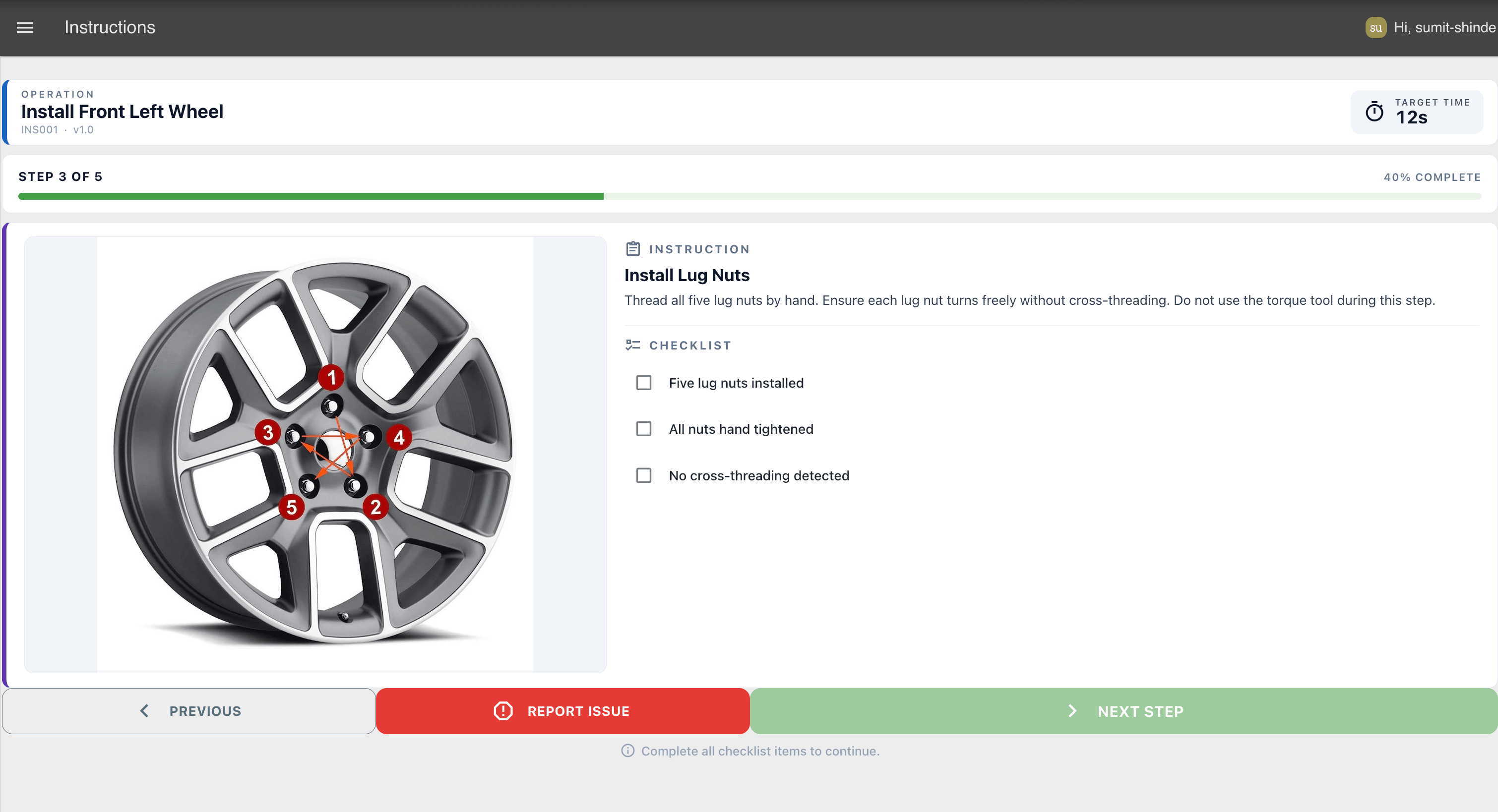 Operator interface displaying guided work instructions with step completion and defect reporting options